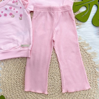 Conj. Casaco Floral de Moletom com Babadinhos e Calça Ribana Flare - Rosa